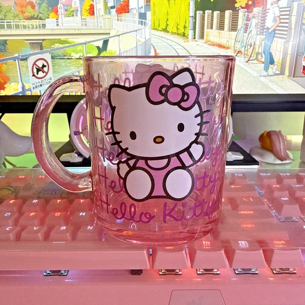 Sanrio Hello Kitty Mug Clear Pink Glass Large Coffee Cup 17.5oz 2024 Classic Bow
